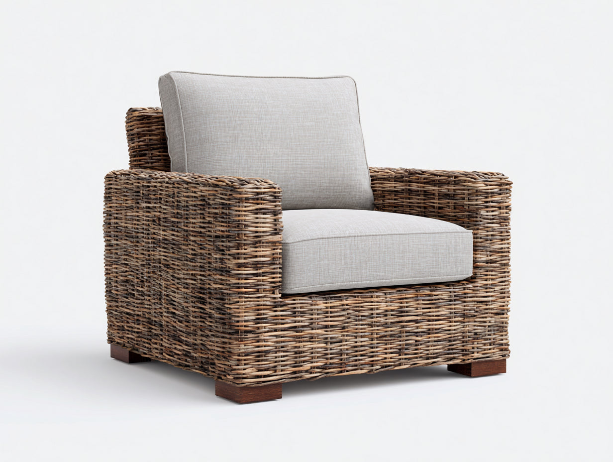 Fauteuil en rotin-Rotin-Bois-Tissu-115 x 83 x 76 cm-Gris clair-Marron-Style naturel