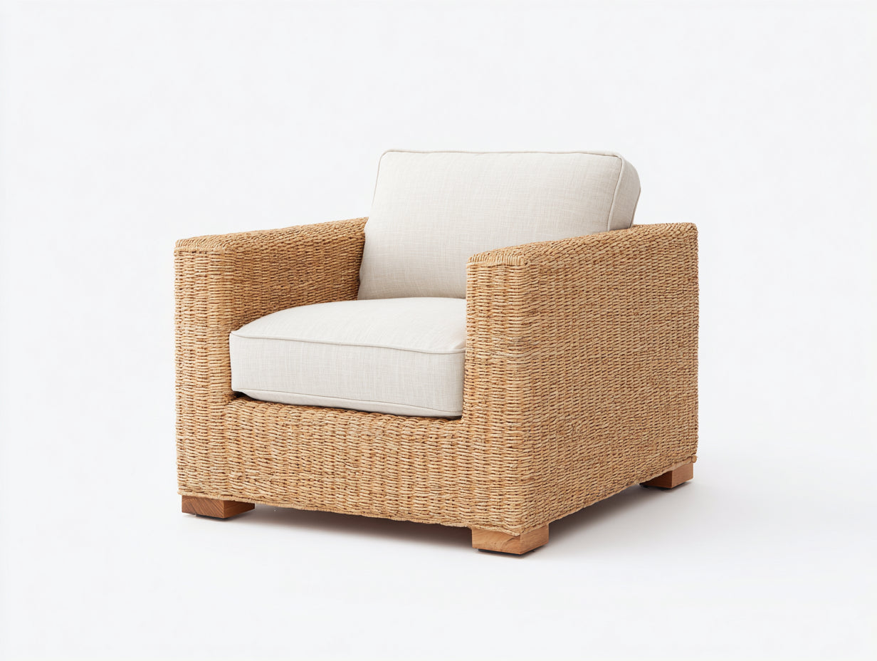 Fauteuil en rotin-Rotin-Bois-Tissu-116 x 84 x 74 cm-Beige-Marron clair-Style naturel