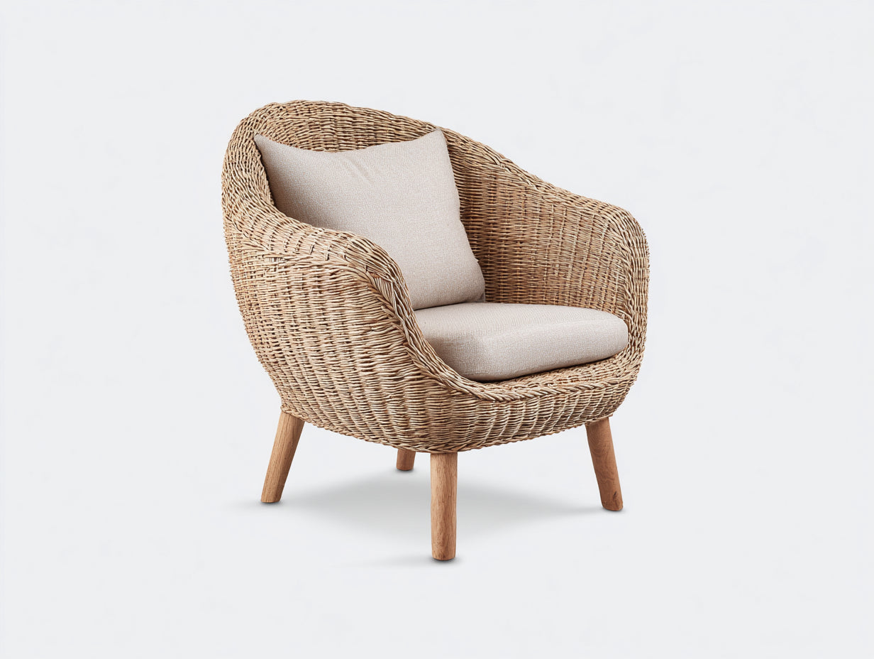 Fauteuil en rotin-Rotin-Bois-Tissu-108 x 80 x 75 cm-Beige-Marron clair-Style naturel