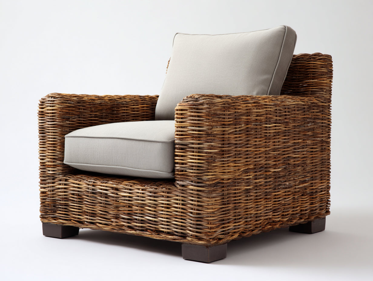 Fauteuil en rotin-Rotin-Bois-Tissu-114 x 86 x 77 cm-Beige-Marron-Style naturel