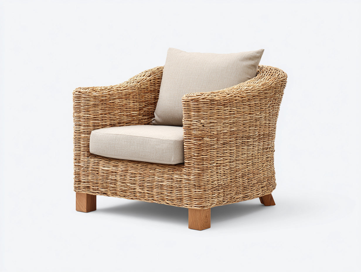Fauteuil en rotin-Rotin-Bois-Tissu-112 x 84 x 76 cm-Beige-Marron clair-Style naturel