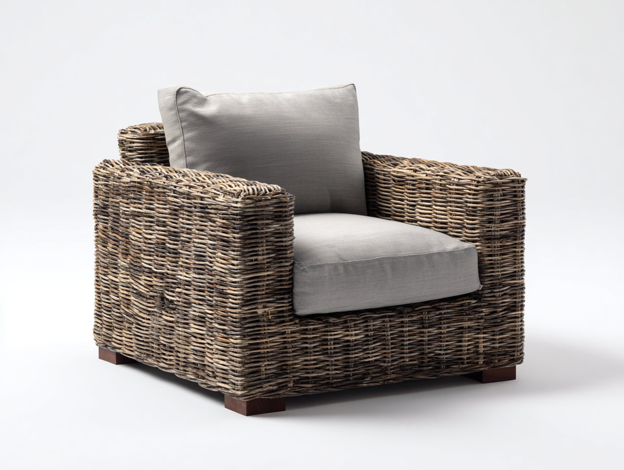Fauteuil en rotin-Rotin-tissu-106 x 89 x 80 cm-Gris-Naturel-Style contemporain