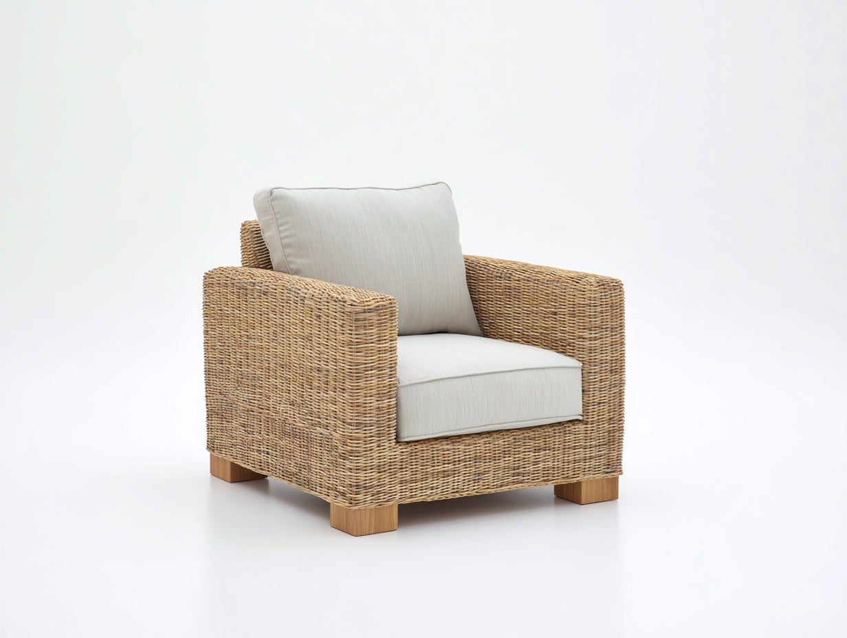 Fauteuil en rotin-Rotin-Bois-Tissu-116 x 85 x 74 cm-Gris clair-Marron clair-Style naturel