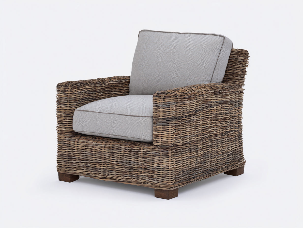 Fauteuil en rotin-Rotin-Bois-Tissu-113 x 82 x 76 cm-Gris clair-Marron-Style naturel